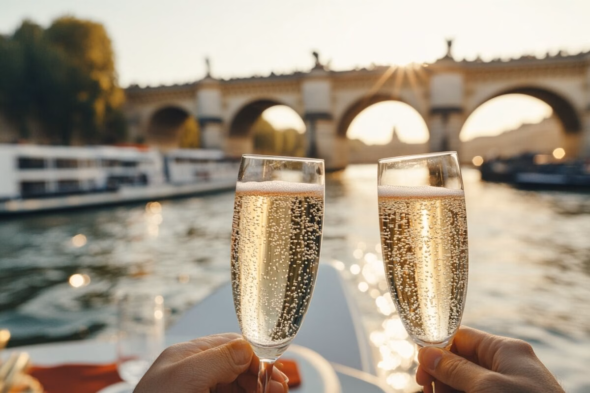 Flûtes de champagne pétillant avec ponts parisiens dorés lors d'un diner croisière élégant sur la Seine | Paris en Scène