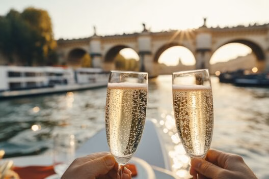 Flûtes de champagne pétillant avec ponts parisiens dorés lors d'un diner croisière élégant sur la Seine | Paris en Scène