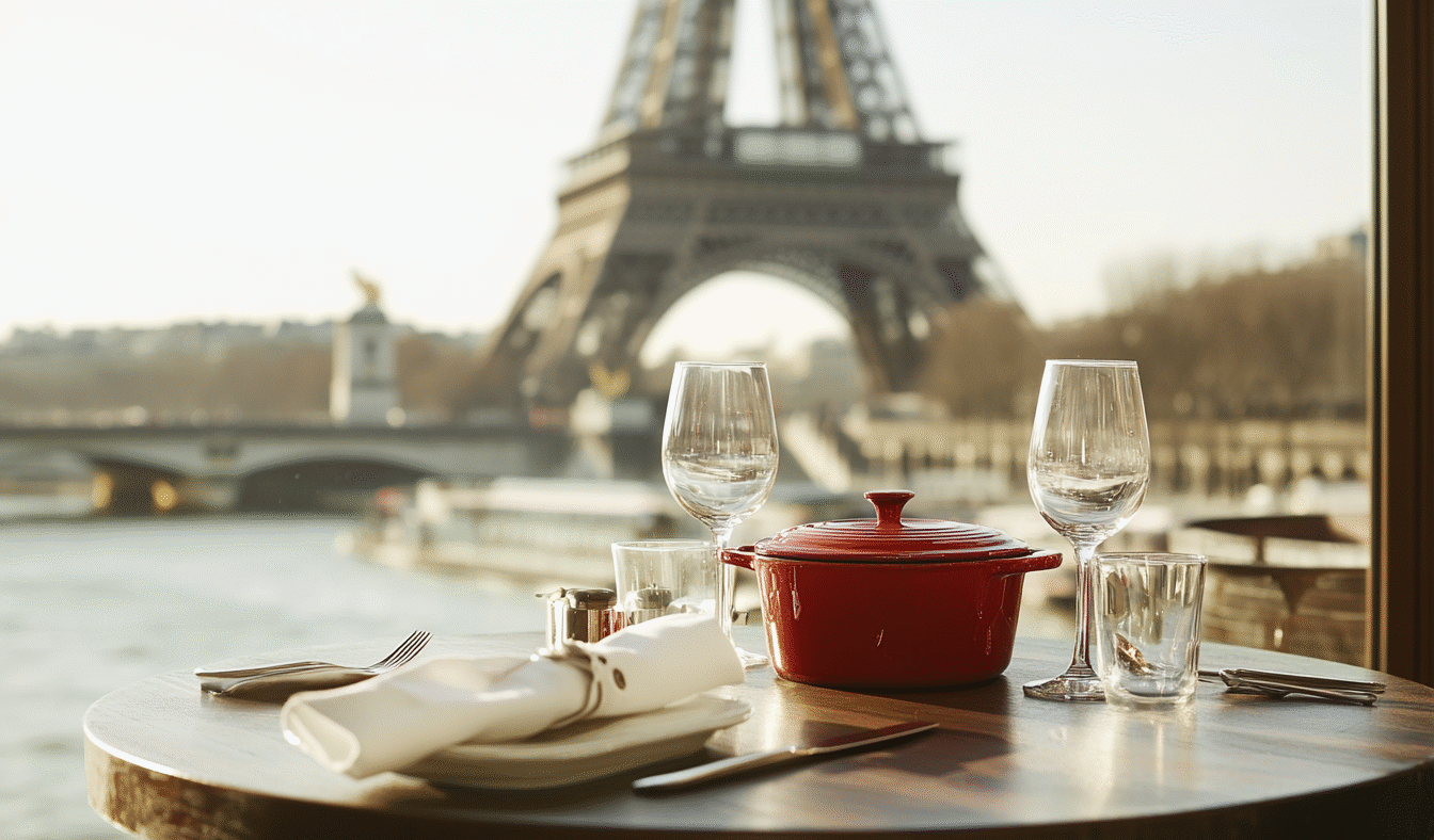 Table dressée avec cocotte rouge et vue sur Tour Eiffel lors d'un diner croisière d'exception sur la Seine | Paris en Scène