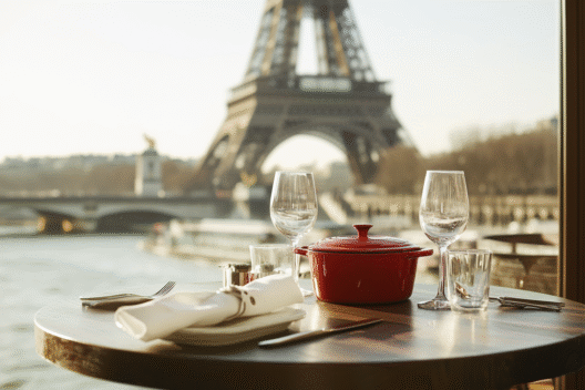 Table dressée avec cocotte rouge et vue sur Tour Eiffel lors d'un diner croisière d'exception sur la Seine | Paris en Scène