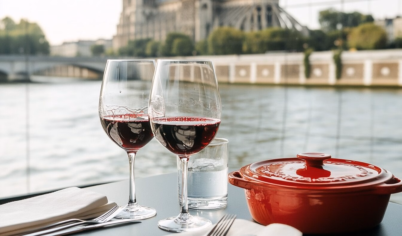 Art de la table française avec cocotte et Tour Eiffel floue pendant un diner croisière raffiné sur la Seine | Paris en Scène