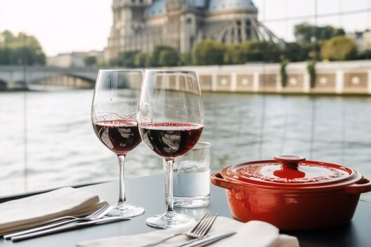 Art de la table française avec cocotte et Tour Eiffel floue pendant un diner croisière raffiné sur la Seine | Paris en Scène